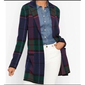 Talbots Merino Wool Mod Black Watch Plaid Open Cardigan Chore Sweater Duster M